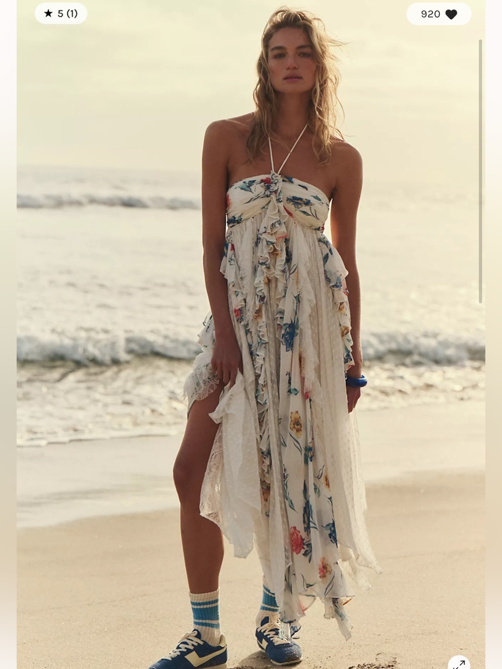 Free People Garden Party Halter Cascading Lace Ruffles Asymmetrical Midi Dress